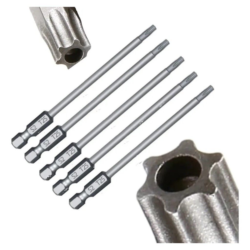 5 Pontas Bits Torx Furo Guia Longo T25 100mm Parafusadeira