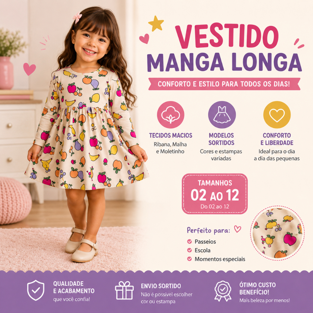 Vestido Infantil Manga Longa – Tamanhos 2 ao 12 | Conforto, Estilo