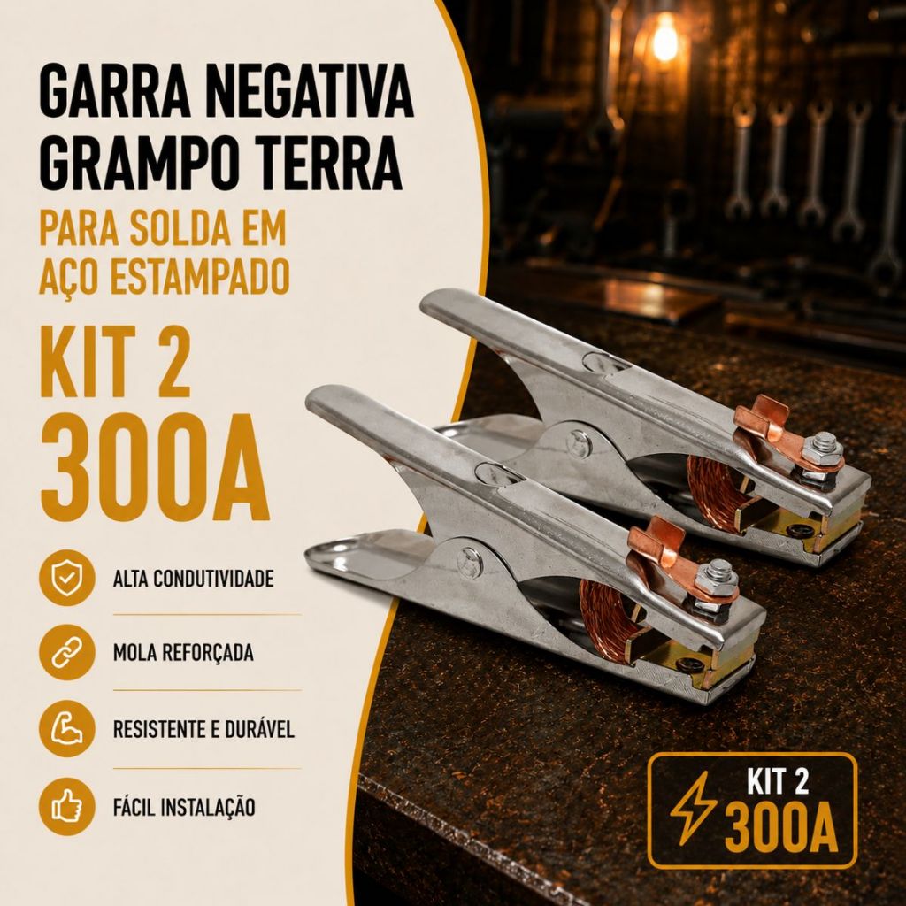 Kit 2 Garra Negativa de Solda 300a Grampo Terra Máquina Inversora de Solda Aço Estampado Resistente