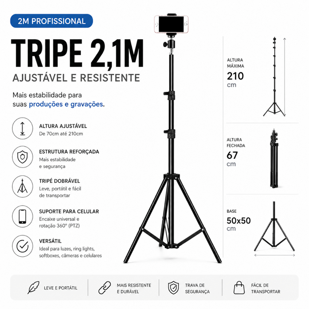 Tripé para Celular Universal Profissional Ajustável 2.1m Para Gravação Vídeo Live YouTube TikTok