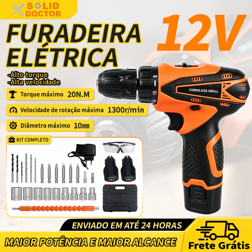 SOLID DOCTOR Furadeira Parafusadeira 12V Mandril 10mm Kit Completo Furadeira sem Fio 20NM 2 Baterias
