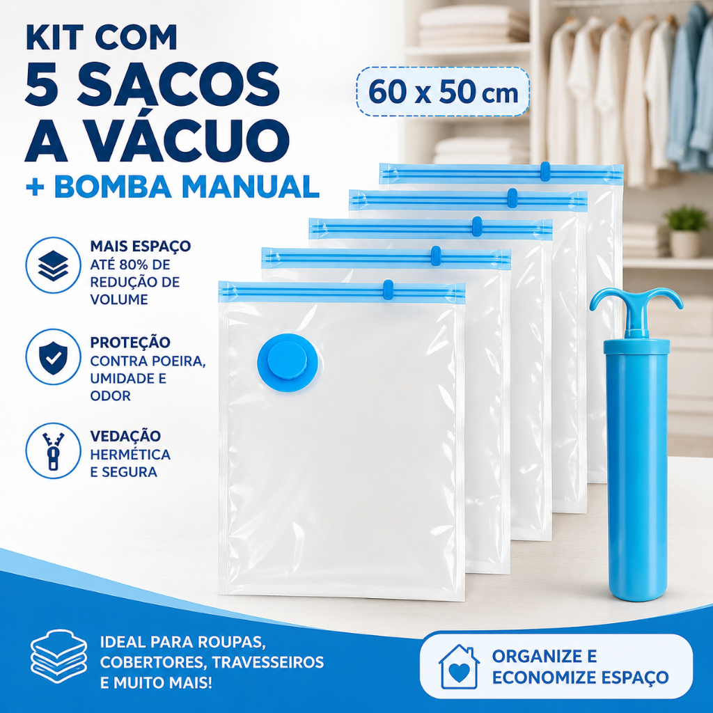 KIT 5 Saco a Vácuo + Bomba Manual ou Bomba Elétrica Organização de Roupas Mala Viagem Guarda Roupas