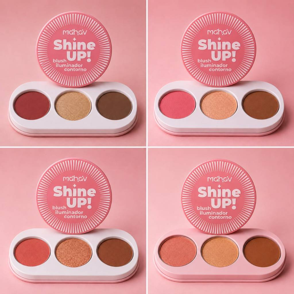 Mahav Trio Facial Paleta 3 em 1 Blush Iluminador e Contorno Shine Up Maquiagem Multifuncional para Look Perfeito