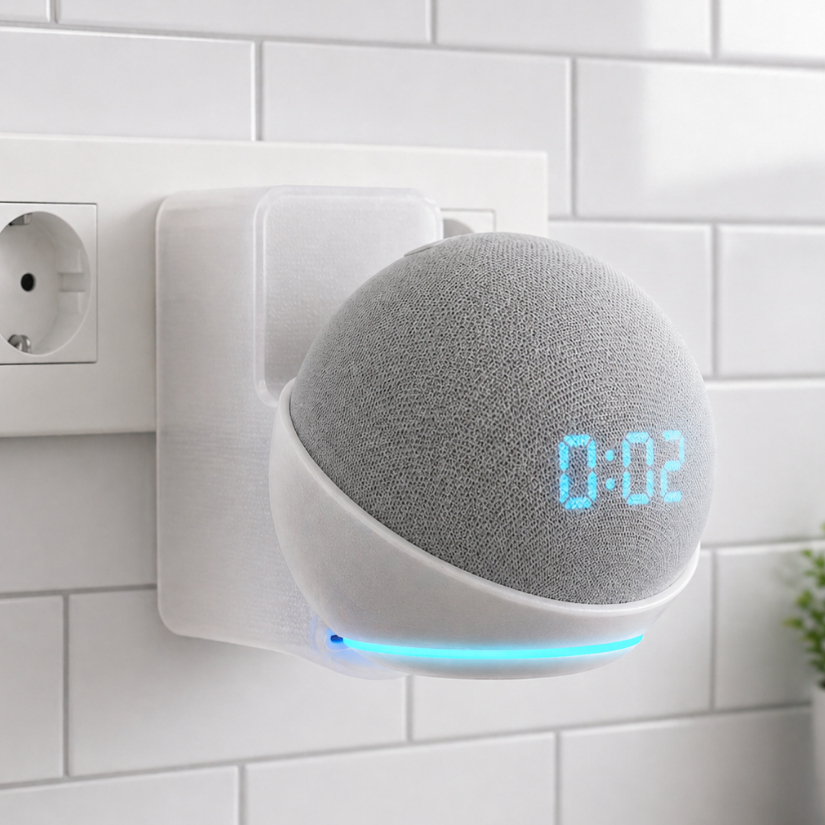 Suporte Alexa Echo Dot 4 e 5 Geração Para Tomada Organizador de Cabos Base de Parede Amazon Casa Clean