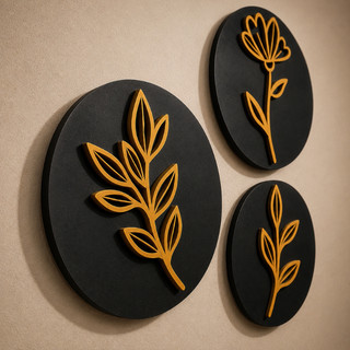 Trio Quadros Redondos Decorativos Moderno Decoração Mdf Flor Folhagem