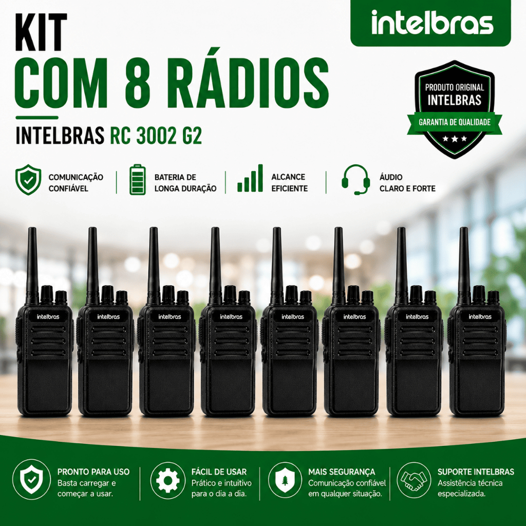 Kit 8 Unidades Rádio Comunicador Intelbras RC 3002 G2 Preto UHF Comunicação