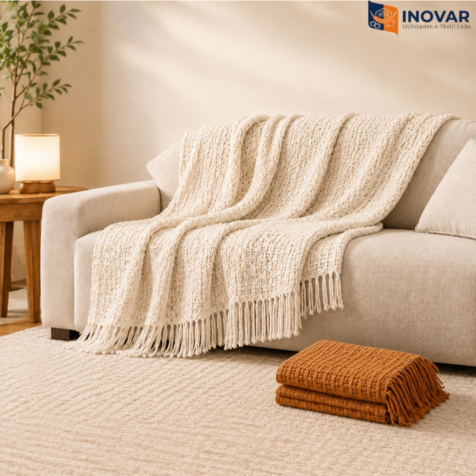 Manta Colmeia Luxo 100% Algodão para Sofá Cama King 2,40x2,50m Decorativa com Franjas