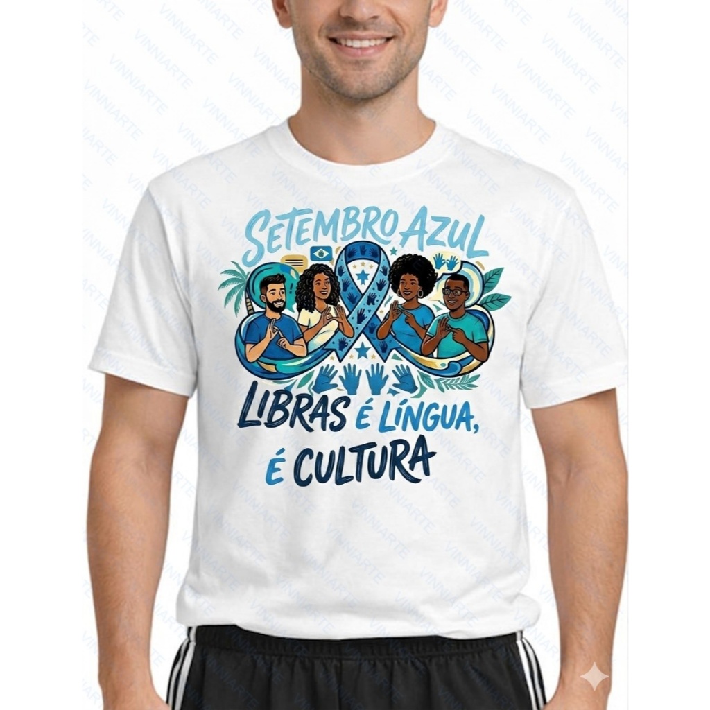 Camiseta tradicional campanha setembro azul libras é língua cultura frase
