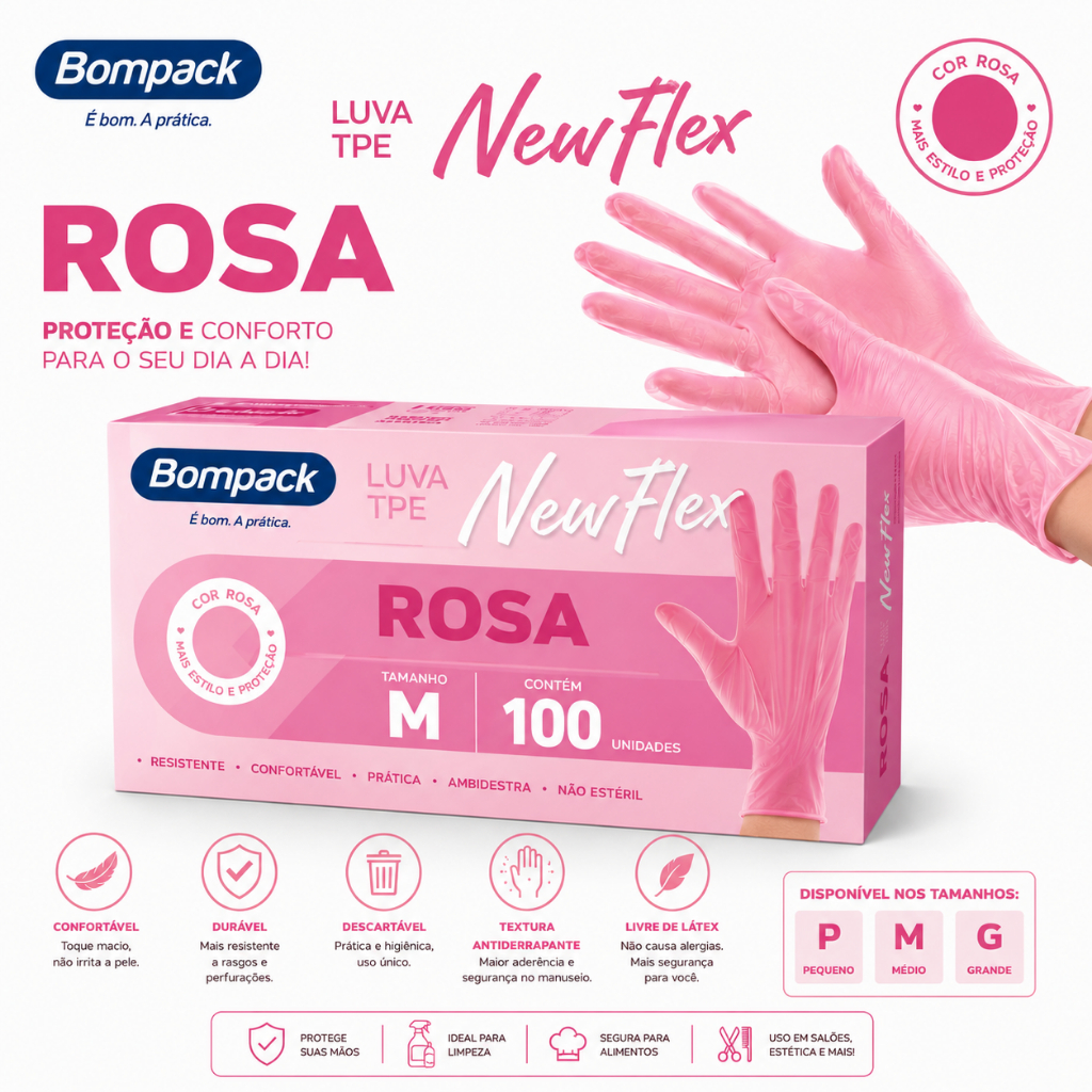Luva Descartável Rosa viniflex sem pó TPE kit 100 Unidades | Alta Resistência Cuidado Limpeza Alimentos