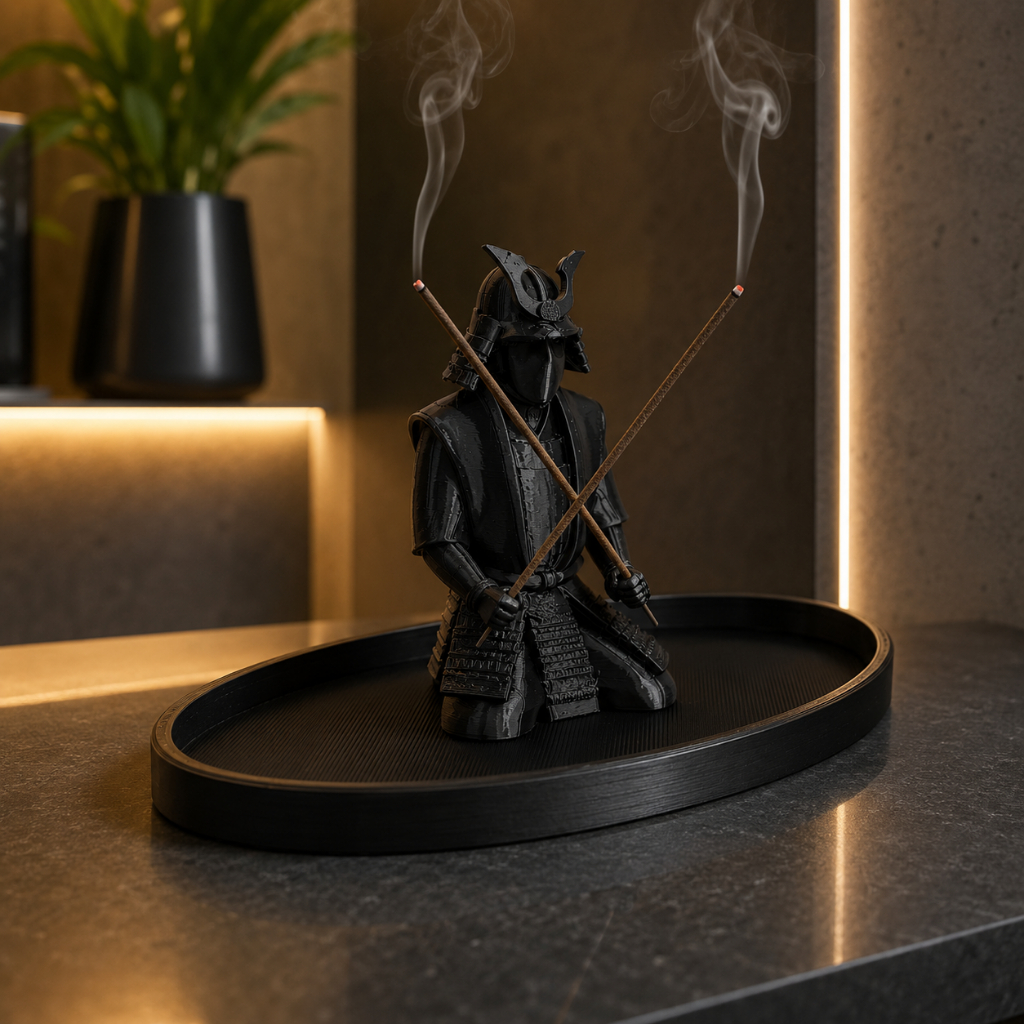 Imagem Incensário Samurai Suporte para 2 Incensos Porta Incenso Decorativo Bandeja Coletora de Cinzas Zen Preto Branco