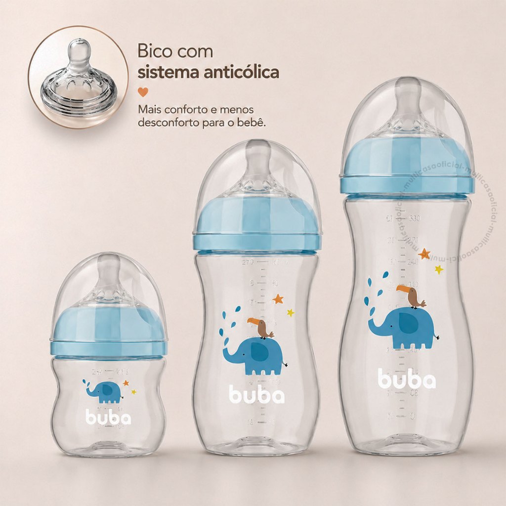 Mamadeiras Buba Infantil Elefante/ Nuvem Anticólica Evita Gases Bico Silicone Macio Pétala 120ml 270ml 330ml