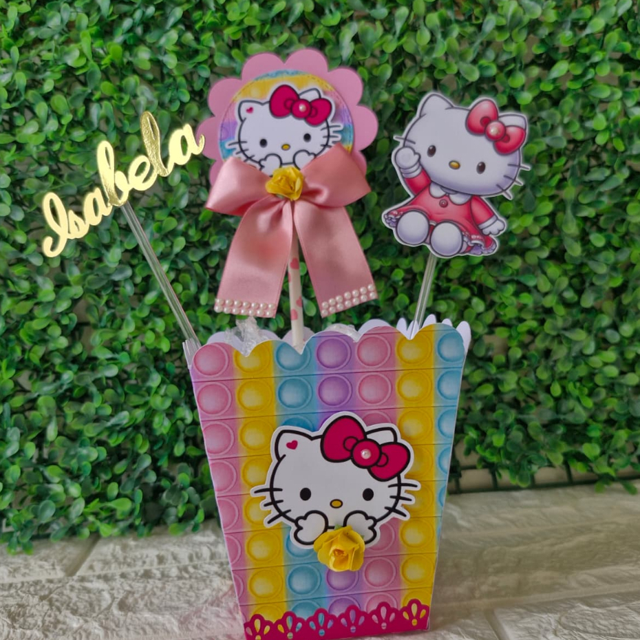 Kit Centro de Mesa Cachepô LUXO Tema Hello Kitty POP IT Lembrancinha Caixinha Personalizada Festa Infantil Aniversário