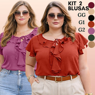 KIT 2 BLUSAS PLUS SIZE FEMININO ELEGANTE MODA FEMININA SOLTINHA SOCIAL BLUSA BABADO BÁSICA CONFORTÁVEL LUXO VERSÁTIL