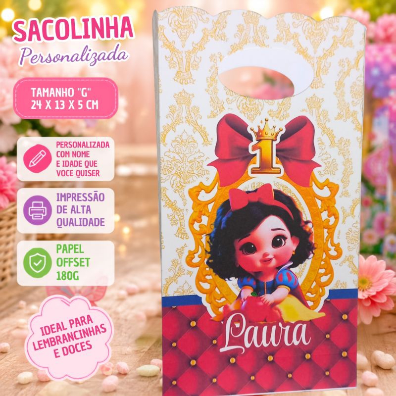 Sacolinha Personalizada Princesa Branca de Neves Encantada 24x13x5cm | Nome e Idade | Lembrancinha Festa Infantil