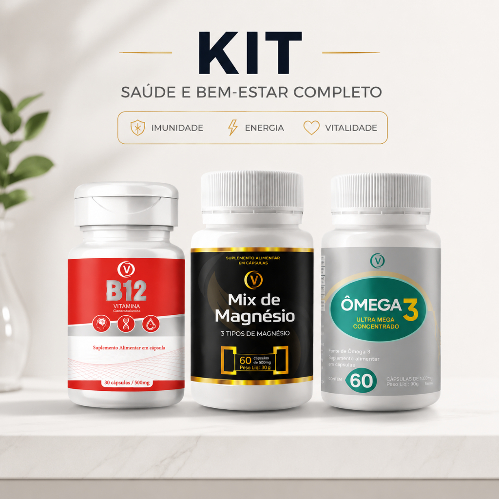 Kit Ômega 3 Magnésio e B12 Saúde do Corpo Energia e Qualidade de Vida