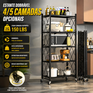 4/5 Prateleira de metal armazenamento dobrável com rodinhas não necessita montagem