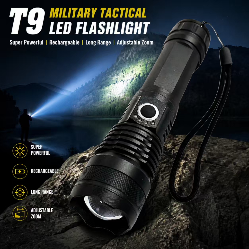 Lanterna Led T9 Tatica Militar Super Potente Recarregavel Longo Alcance Zoom Ajustavel