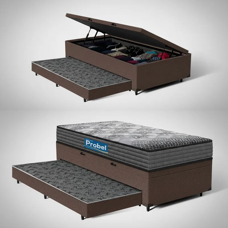 Box Baú + Colchão D60 Double Face Guarda Costas Comfort Force Probel + Auxiliar Solteiro 88cm
