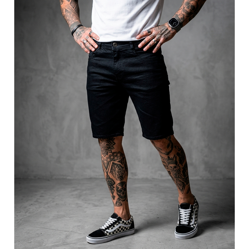 Bermuda Jeans Masculina Preta Shorts Liso com Elastano Versátil Streetwear 961311