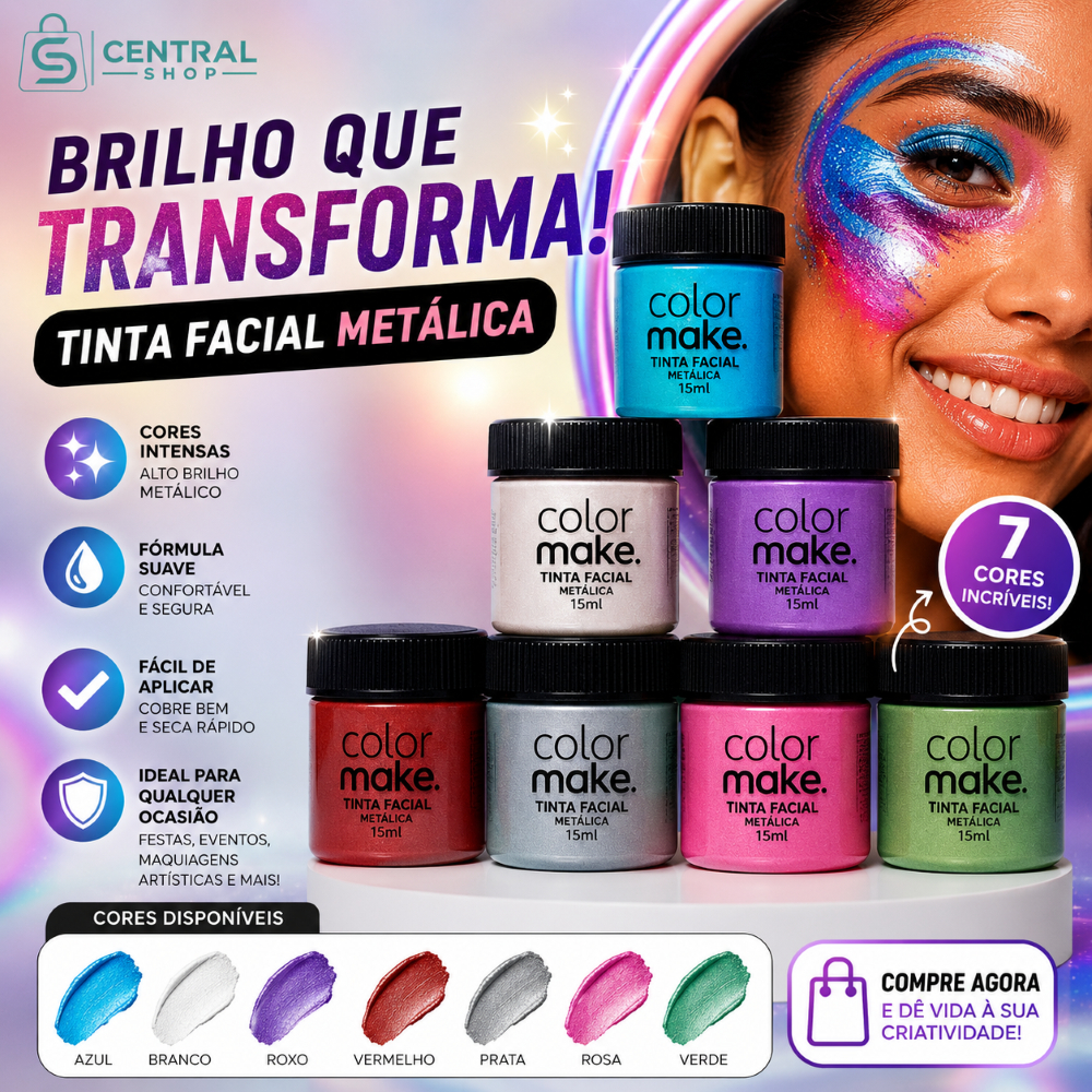 Tinta Facial Metálica Color Make 15ml Maquiagem Artística Profissional Alto Brilho e Cores Vibrantes