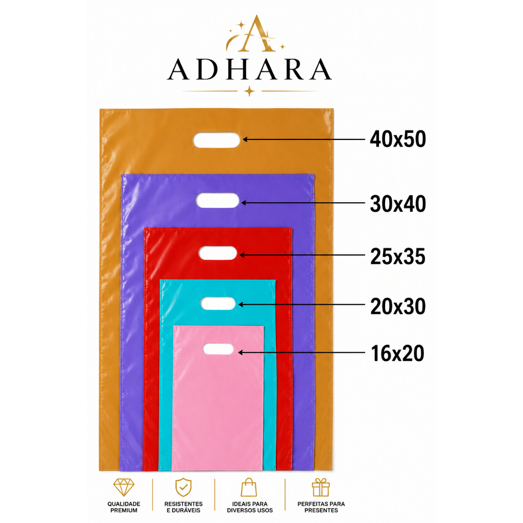 100 Sacolas Plásticas - 16X20 / 20X30 / 25X35 / 30X40 / 40X50 - Boca de Palhaço / Alça Vazada - FULL