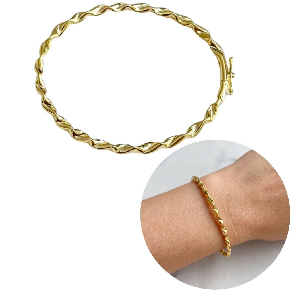 [ SEMI JOIA ] Bracelete Delicado Torcido Amassado Feminino Fecho Italiano Minimalista Banho Ouro 18k Acessórios