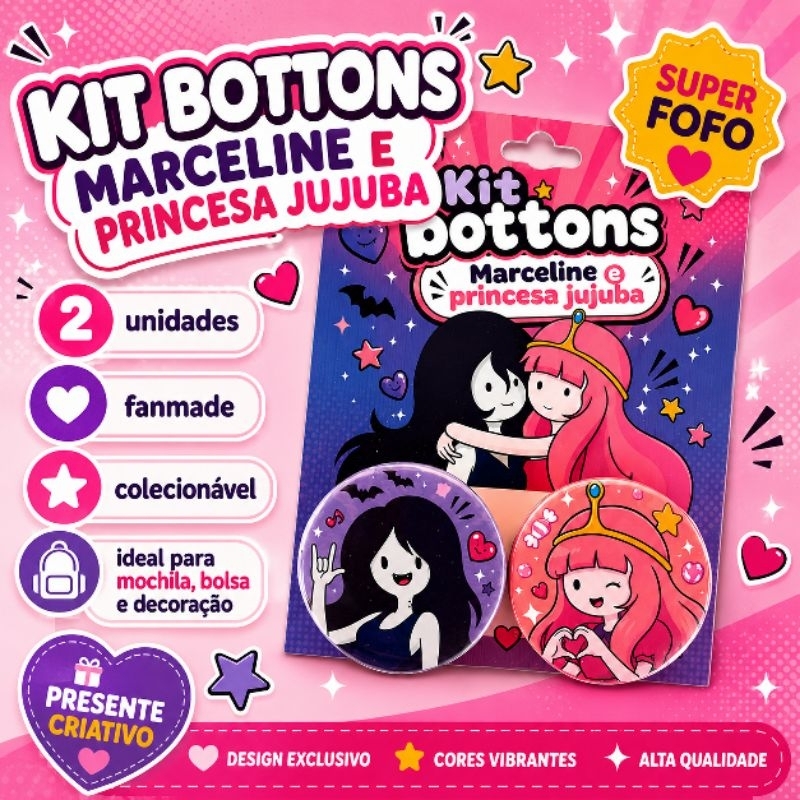 Kit 2 Bottons Marceline e Princesa Jujuba  | Pins Colecionáveis Kawaii para Mochila Bolsa