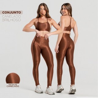 Conjunto Fitness Feminino Trilobal Canelado–Top Alcinha+Legging Cós Alto Modelador Brilho…