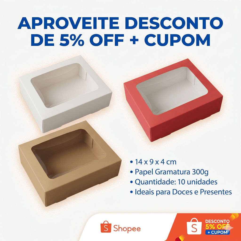 Caixa com visor 14x9x4cm  - Kit com 10 Unidades - Cartão Cores, Cartão Branco e Kraft - 300g de gramatura - 504