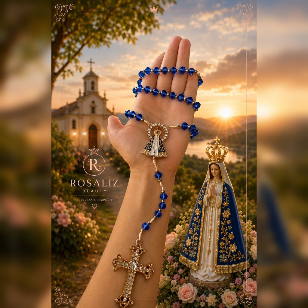 1/2/3 Terço Nossa Senhora Aparecida Cristal ou Perolizado | Cruz Cravejada | 49cm | Cores Variadas