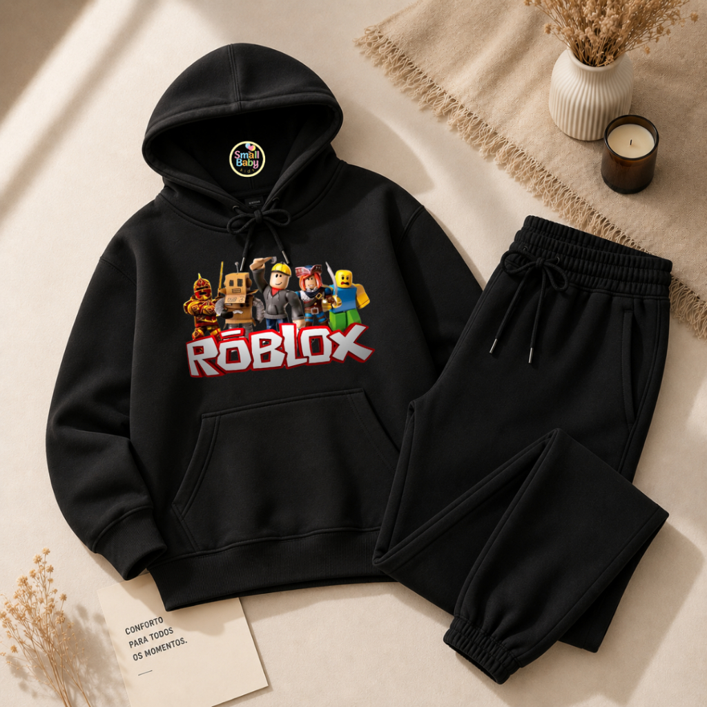Conjunto Infantil Blusa Moletom Canguru Flanelado e Calça Moletom ROBLOX Jogo Desenho Estampado