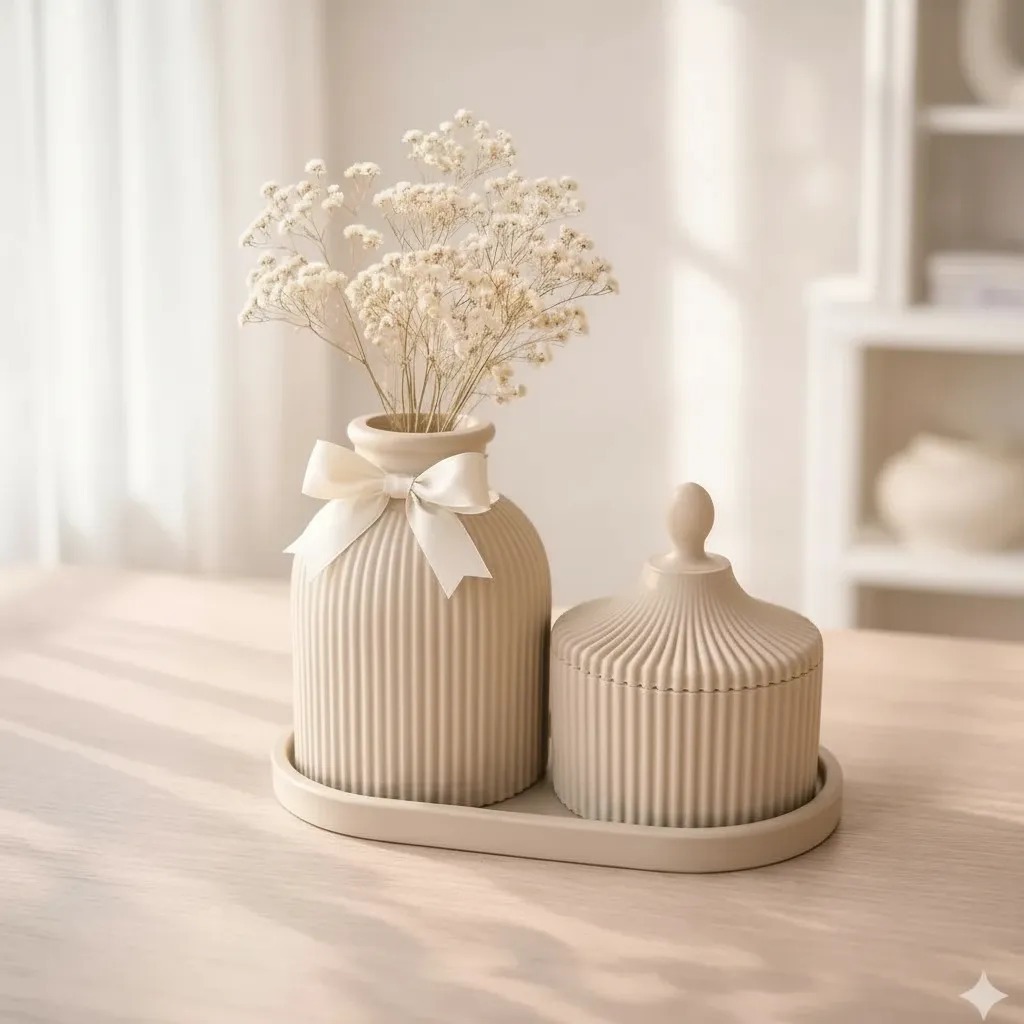 Conjunto Vaso Decorativo Elegante Com Bandeja E Porta Objeto Luxo