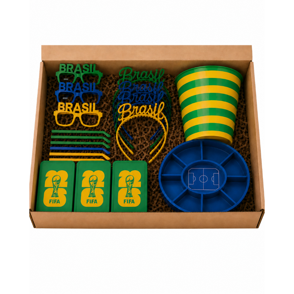 Kit Copa 17 peças Festa Brasil Torcida Futebol 3D Óculos Tiara Balde Petisqueira Porta Figurinhas