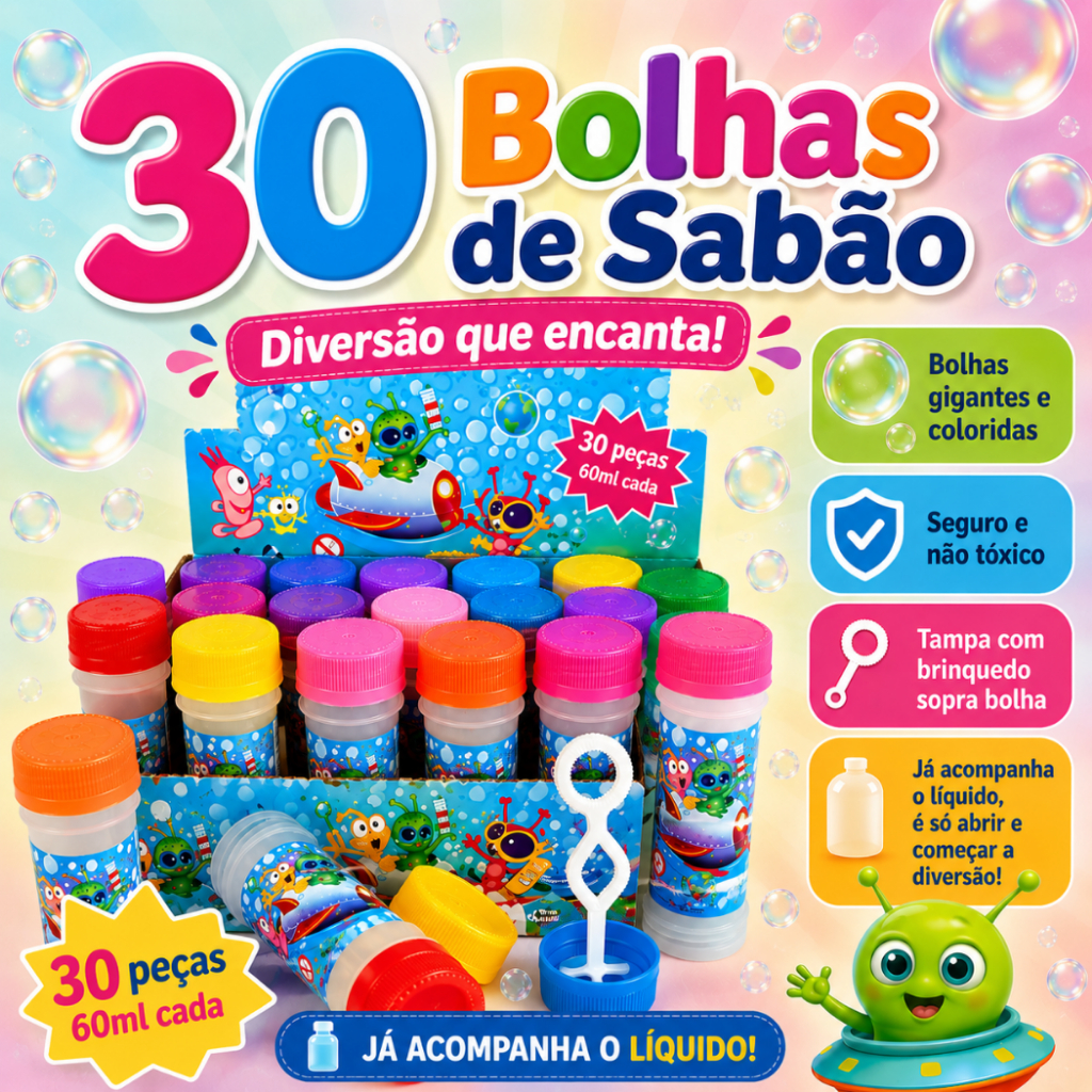 30 Bolha de Sabão Bolinha de Sabão p/ Kit Festa Lembrancinha Infantil Brinquedo