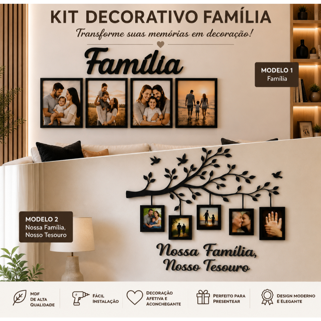 Kit Quadro Decorativo em MDF 10x15– Árvore com Molduras para Fotos de Família + Quadro Frase Familia