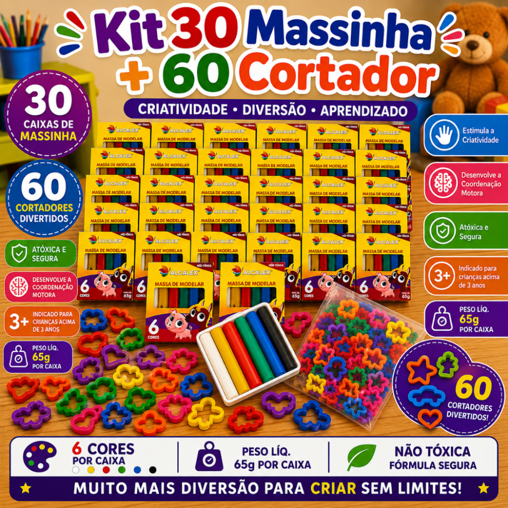 Kit 30 Cx Massinha de Modelar 6 cores + 60 Cortador Massinha Molde Kit Festa Lembrancinha Infantil