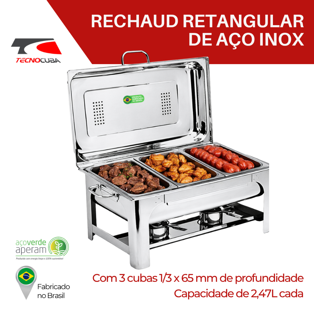 Rechaud Retangular De Aço Inox 3 Cubas 1/3x65mm Profissional
