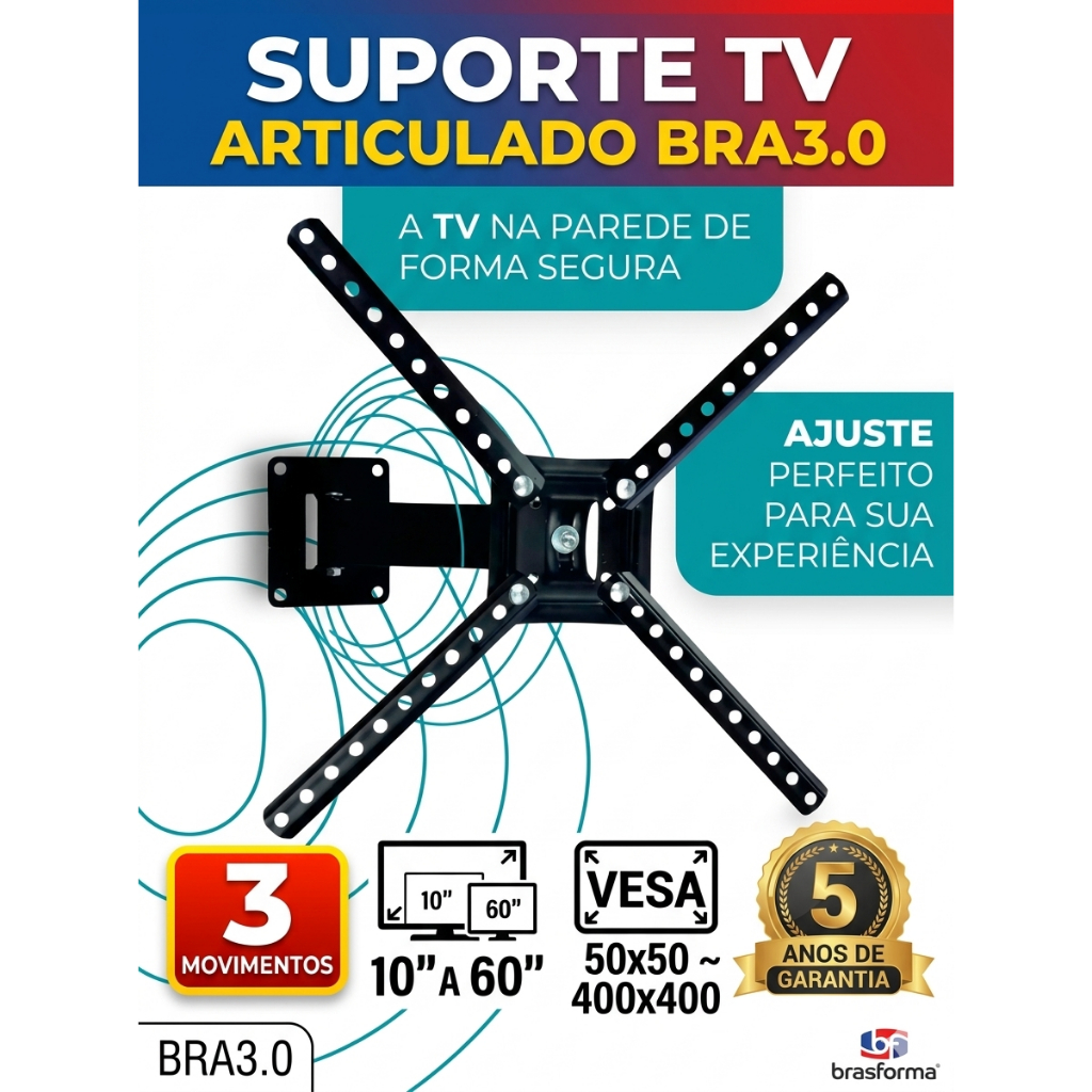 Suporte Articulado TV Monitor 10 24 32 40 43 50 55 60 Polegadas Brasforma 5 Anos Garantia Vesa 400