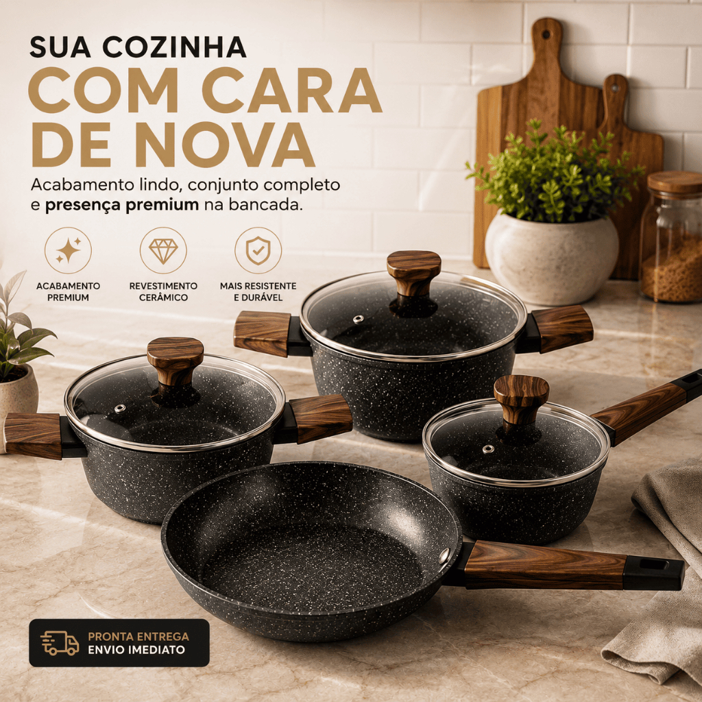Imagem Jogo de Panelas Revestimento em Cerâmica por Indução ou Gás Antiaderente 4/5 Peças Tampa Vidro Carvalho com INMETRO