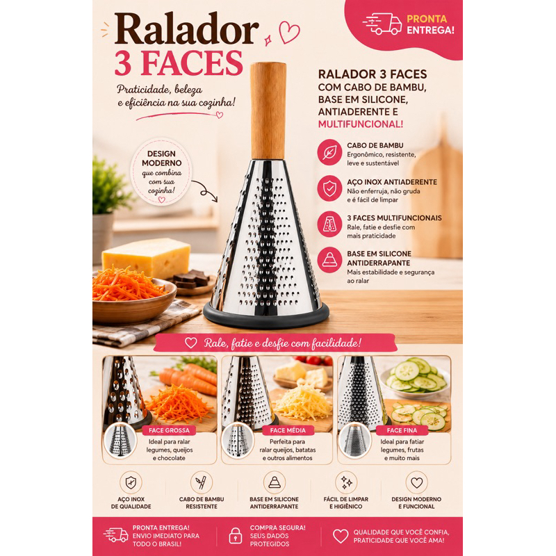 RALADOR TRÊS FACES RALADOR DE QUEIJO RALADOR DE LEGUMES MULTIUSO ALUMÍNIO CABO DE BAMBU