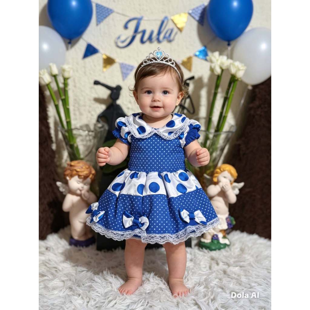 Vestido Infantil Feminino Junino, Modelo Manga Curta, Azul Caneta/Branco Bolinha, Tam: 1, Marca: Dmbauer