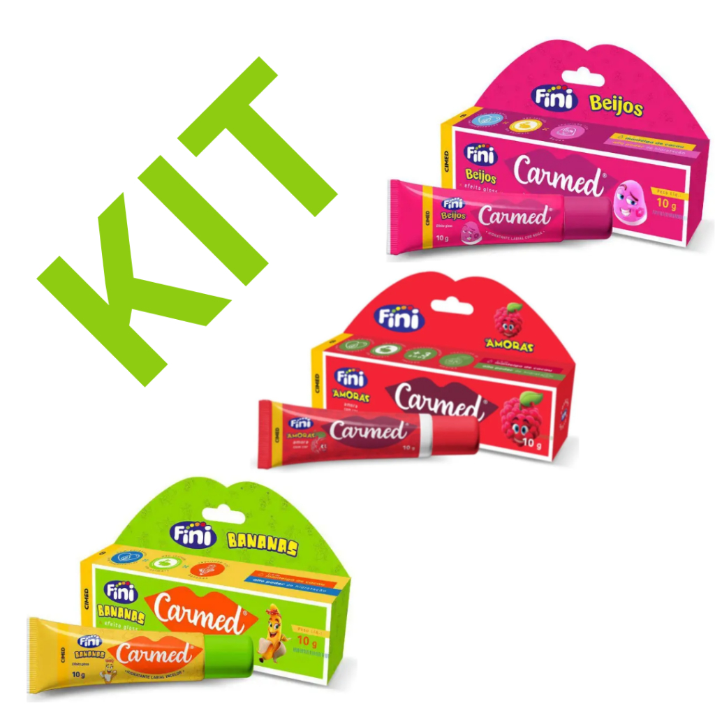 Kit Carmed Fini Hidratante Labial Beijos Rosa Gloss + Amora Vermelho Gloss + Bananas Incolor Gloss 10g