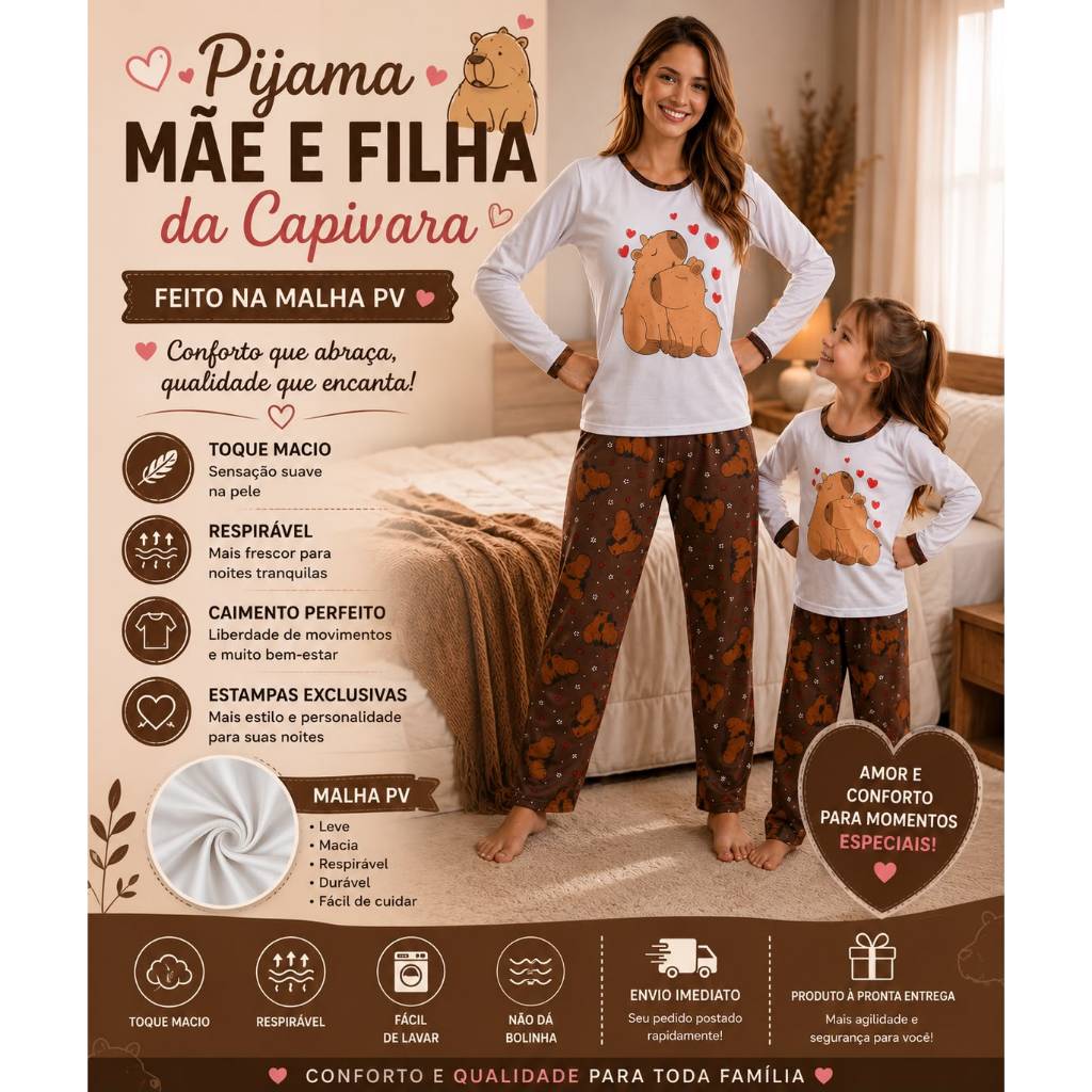 Kit pijama mãe e filha capivara fundo marrom de frio tal mãe tal filha inverno blusa longa e calça estampada malha pv