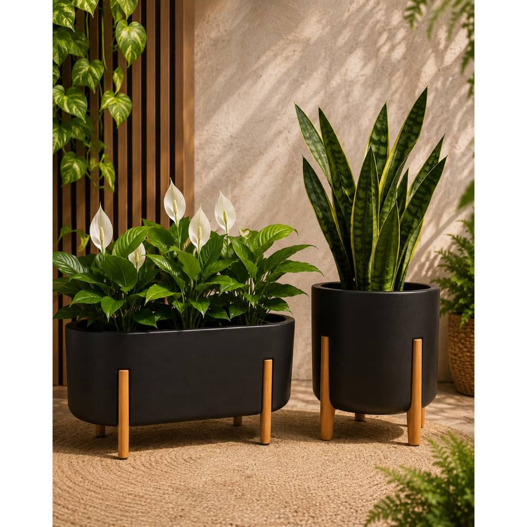 Kit Vaso para Plantas e Floreira Decorativa com Pé de Madeira | Jardim e Decoração Premium