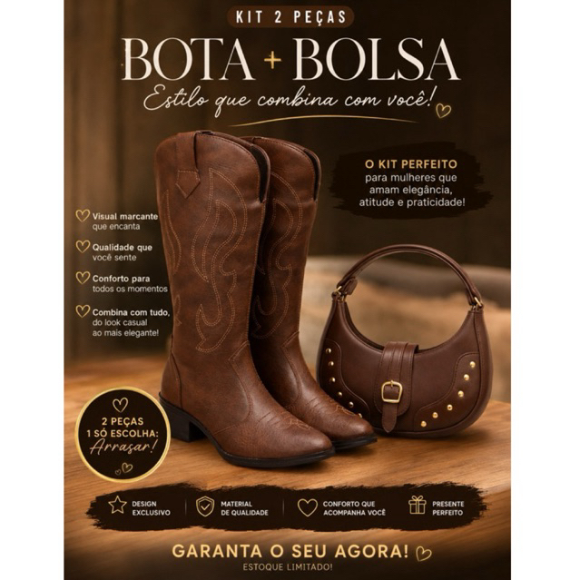 Kit Bota Country + Bolsa Feminina Luxo Moda Rodeio