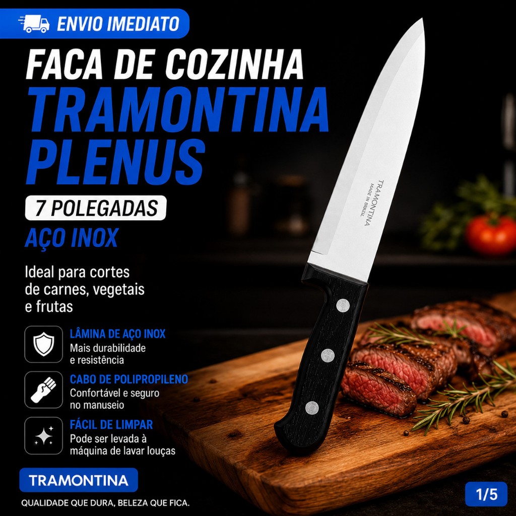 Faca Cozinha Chef Tramontina Lâmina em Aço Inox 7"