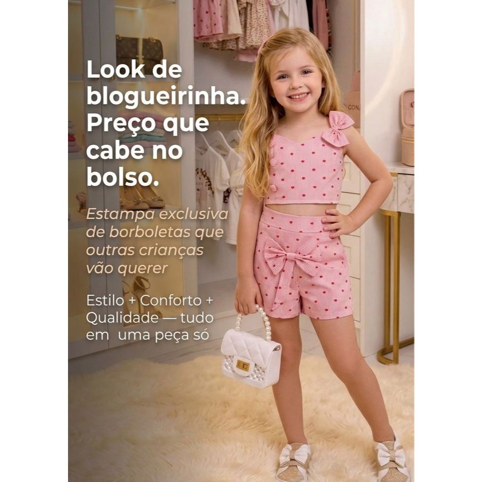 Conjunto Infantil Menina- Cropped Laço +Short Saia  Listras de Coração Roupa Infantil Menina Moda Blogueirinha verão
