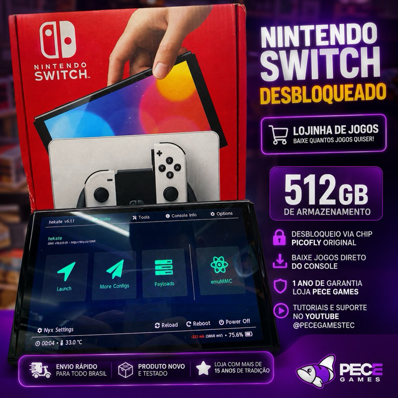 Nintendo Switch Oled com Tinfoil Desbloq. 512gb Novo