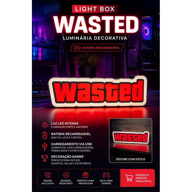 Luminária LED Wasted Light Box Recarregável Gamer USB