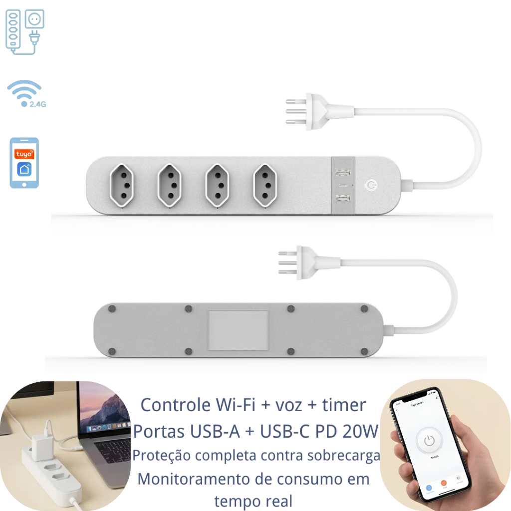 Filtro de Linha Inteligente Wi-Fi Régua de Tomadas Compatível Alexa Google Controle Voz e Timer